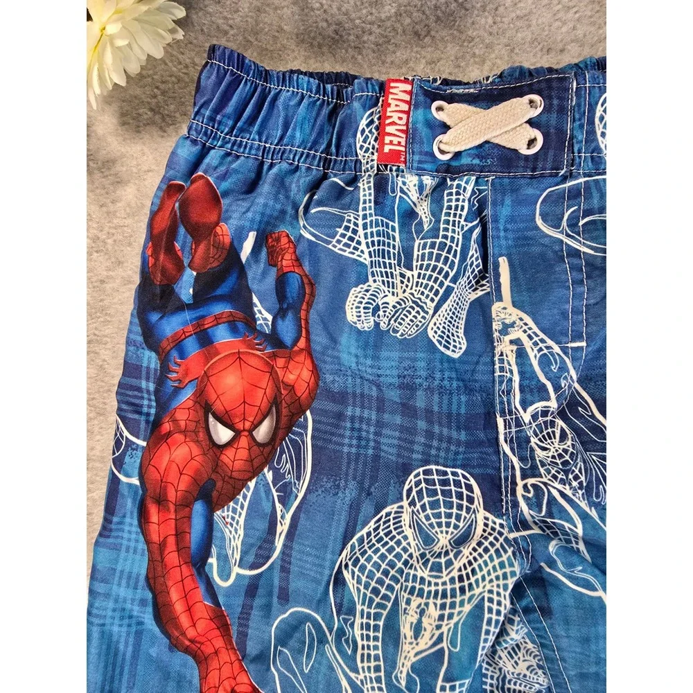 Marvel The Amazing Spiderman Boys Blue Plaid Swim Trunks Size 2T 2007 Vintage